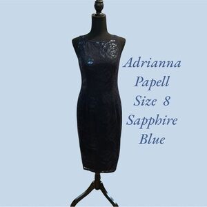 ADRIANNA PAPELL COCKTAIL DRESS NAVY BLUE LACE AND SEQUINS SHELL SIZE 4.  PROM